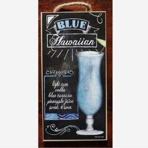 Blue Hawaiian Recipe Tiki Beach Bar Sign Tropical Drink Coastal Kitchen Decor